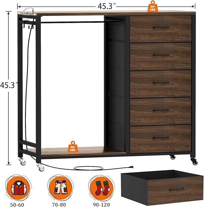 Cyclysio Dresser with Hanging Rack, 5 Fabric Drawers Dresser with Clothes Rack, Wooden Top Storage Chest of Drawers with Charging Station & LED Lights, Lockable Wheels, Closet