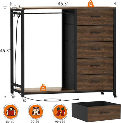 Cyclysio Dresser with Hanging Rack, 5 Fabric Drawers Dresser with Clothes Rack, Wooden Top Storage Chest of Drawers with Charging Station & LED Lights, Lockable Wheels, Closet