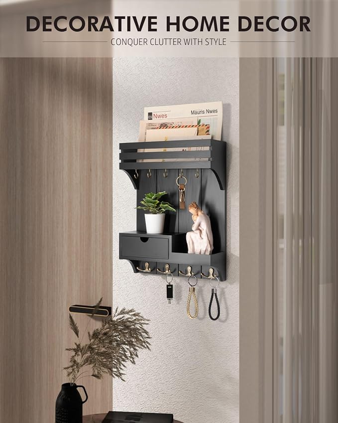 Rebee Vision Modern Key Holder Wall Mount with Mini Drawer Organizer - Decorative Mail Organizer with 9 Key Hooks and Floating Shelf - Stylish Home Decor for Apartment Essentials (Black)