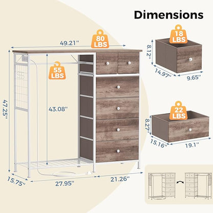 OLIXIS 6 Storage for Bedroom with Hanging Rack with LED Lights & Charging Station, Fabric Chest of Storage with Rack, Wooden Top, for Home Living Room Entryway Brown