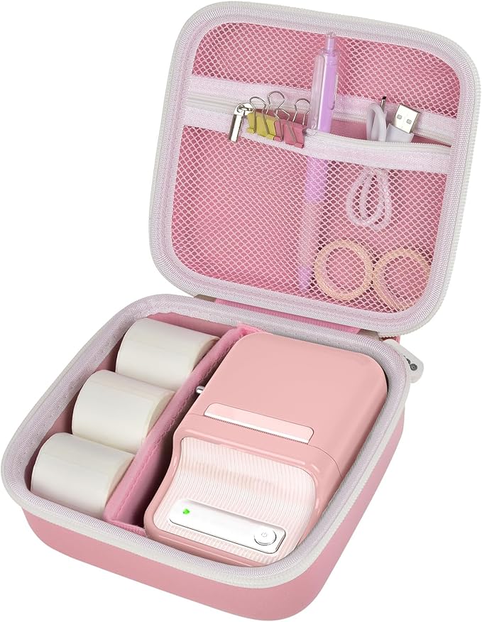 ALKOO Case Compatible with NIIMBOT B21 / Pro / B1 Label Maker Wireless Thermal Label Printer, Holder for Inkless Label Maker & Labeling Tapes Refills, with Mesh Pocket for Cable Accessories (Pink)