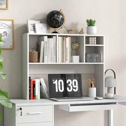 Desk Hutch, Desktop Shelf with 4 Shelves, Desk Bookshelf w/Anti-Toppling Devices, Wood Table Top Bookshelf Organizer, Small Desk Shelf for Study, Office, Dorm (White, 4 Shelves)