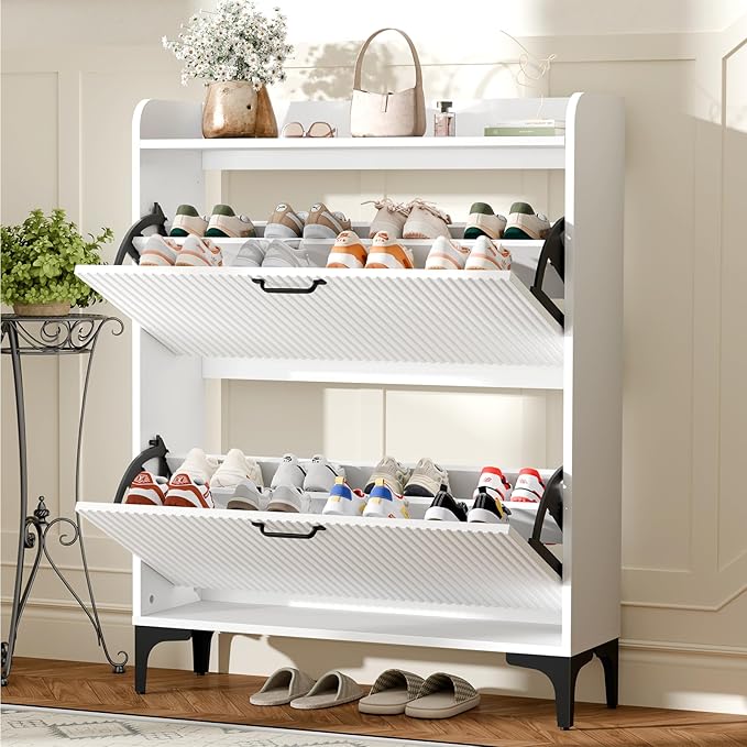 HIFYOBRO Fluted Shoe Cabinet with 2 Flip Drawers, Hidden Shoes Storage Cabinet, Modern Shoe Rack Organizer, Freestanding Narrow Shoes Organizer for Hallway, Entryway (White)