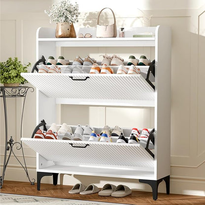 HIFYOBRO Fluted Shoe Cabinet with 2 Flip Drawers, Hidden Shoes Storage Cabinet, Modern Shoe Rack Organizer, Freestanding Narrow Shoes Organizer for Hallway, Entryway (White)