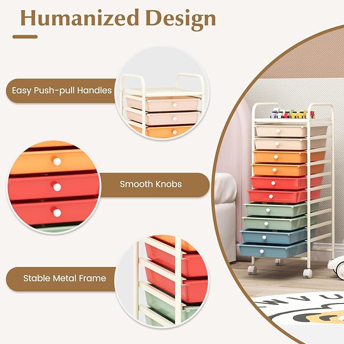 RELAX4LIFE Craft Organizers and Storage Cart - Rolling Cart with 10 Drawers, Lockable Casters for Tools, Trolley Cart with Wheels, Utility Cart for School, Home Office, Craft Cart (Macaron)