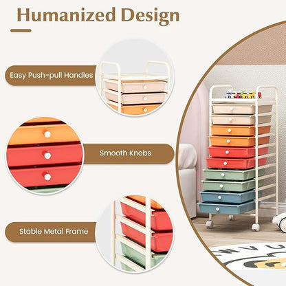 RELAX4LIFE Craft Organizers and Storage Cart - Rolling Cart with 10 Drawers, Lockable Casters for Tools, Trolley Cart with Wheels, Utility Cart for School, Home Office, Craft Cart (Macaron)