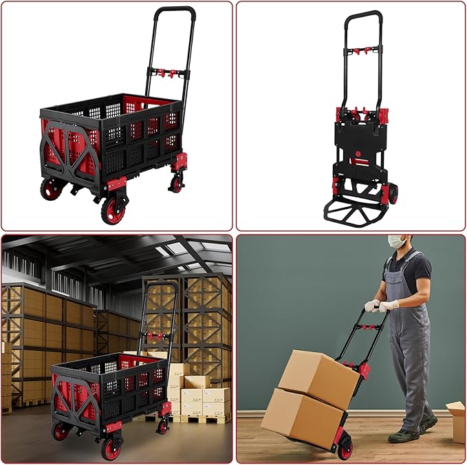 2 in 1 Hand Truck Dolly with Folding Basket,Folding Hand Truck Heavy Duty 330lbs Capacity,Foldable Hand Trcuk with Retractable Handle and Rubber Wheels,Portable Dolly with Bungee Cords for Moving