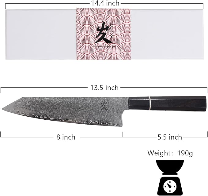 SAMCOOK Kiritsuke Chef Knife - 8 Inch Professional Sharp Damascus Knife - Japanese VG-10 High Carbon Stainless Steel Kitchen Gyuto knife - Ergonomic Octagonal Ebony Handle with Gift Box