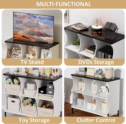 6 Cube Book Shelf, Low and Short Bookshelf, Long Cube Storage Organizer Wood TV Stand, Toy Organization DVD Cabinets for Living Room, Office, Bedroom, Dorm, White with Dark Brown Top