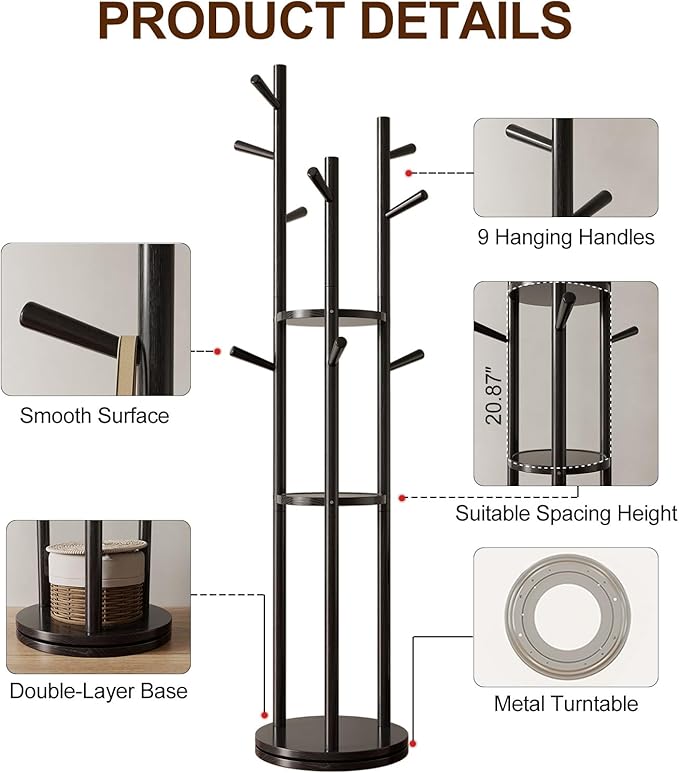 Muwuele Solid Wood Rotary Coat Rack, Freestanding Coat Rack with 3 Shelves and 9 Hooks, Coat tree for Bedroom, Entryway, Livingroom, Coat Hanger Stand for Coats, Scarves, Handbags (Black)
