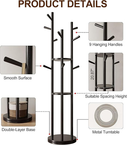 Muwuele Solid Wood Rotary Coat Rack, Freestanding Coat Rack with 3 Shelves and 9 Hooks, Coat tree for Bedroom, Entryway, Livingroom, Coat Hanger Stand for Coats, Scarves, Handbags (Black)