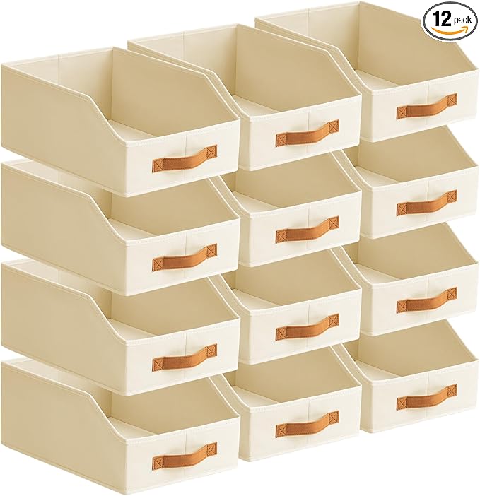 Homsorout Fabric Storage Bins for Organizing - 12 Pack Large Trapezoid Collapsible Storage Bins with Front Handle, Closet Organizers and Storage for Bedroom, Home Shelves, Small Spaces, Beige