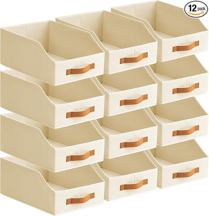 Homsorout Fabric Storage Bins for Organizing - 12 Pack Large Trapezoid Collapsible Storage Bins with Front Handle, Closet Organizers and Storage for Bedroom, Home Shelves, Small Spaces, Beige