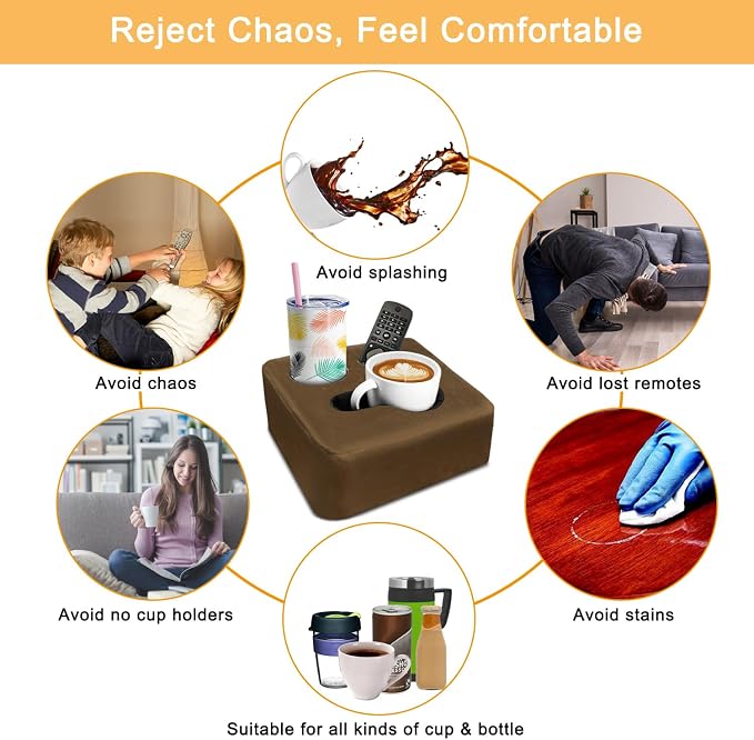 Couch Cup Holder Pillow Tray & Caddy - for Sofa, Bed, Car, Man Cave | Keep Drinks at Hand & Spill-Proof Accessories for New Parents, Camping, Park, Boat, Beach - Brown