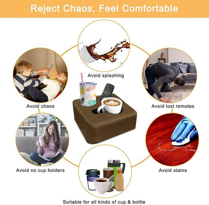 Couch Cup Holder Pillow Tray & Caddy - for Sofa, Bed, Car, Man Cave | Keep Drinks at Hand & Spill-Proof Accessories for New Parents, Camping, Park, Boat, Beach - Brown