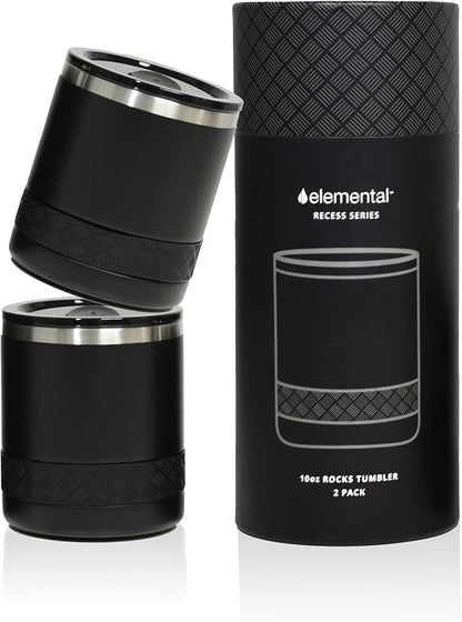Elemental Recess Lowball Tumbler Set of 2, 10oz Triple Wall Stainless Steel Cup with Non-Shattered Tritan Lid, Insulated Whiskey Glass, Insulated Coffee Tumbler Mug for Hot & Cold Drinks - Black