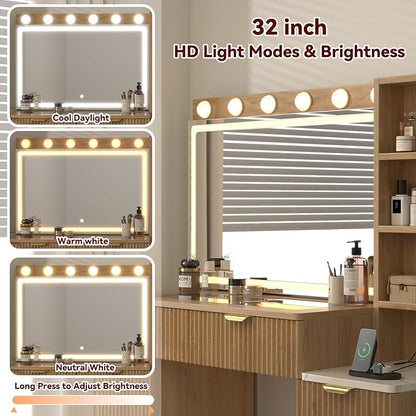 43" Fluted Makeup Vanity Desk with 32" Mirror and Lights, Modern Glass Top Large Vanity Table with 5 Drawers and 2 Storage Cabinets, Dressing Table Set with Charging Station for Bedroom-Gray