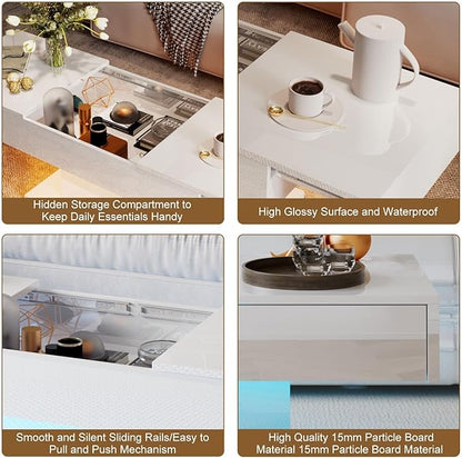 White LED Coffee Table with Storage for Living Room, Living Room Table Rectangular Center Table, Modern High Glossy Wooden Coffee Tables with 16 Colors LED Lights for Dining Reception Room