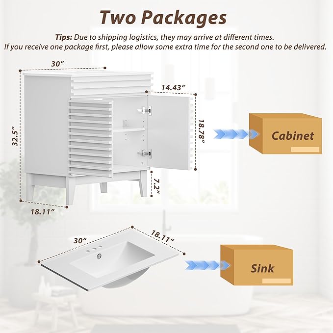 APRILSOUL 30" Bathroom Vanity with Ceramic Sink, Mid-Century Bathroom Vanity Cabinet with 2 Soft Closing Doors, Freestanding Bathroom Cabinet, Particleboard Frame with Wood Grain Laminate, White