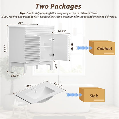 APRILSOUL 30" Bathroom Vanity with Ceramic Sink, Mid-Century Bathroom Vanity Cabinet with 2 Soft Closing Doors, Freestanding Bathroom Cabinet, Particleboard Frame with Wood Grain Laminate, White