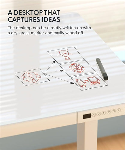 SANODESK Standing Desk with Drawer, Electric Height Adjustable Home Office Desk with Storage & USB Ports, 48 inch Tempered Glass Tabletop/White Frame
