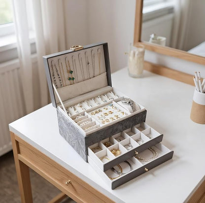 Jewelry Organizer Box, Large Jewelry Boxes for Women, 3-Layer Jewelry Holder Organizer for Necklace Earrings Rings Bracelets Storage, Gift for Her Mom