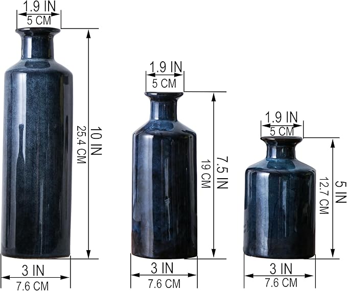 Blue Ceramic Vase Set of 3, Modern Farmhouse Small Vases, Rustic Terracotta Bottles for Living Room Fireplace, Centerpiece Table Decor