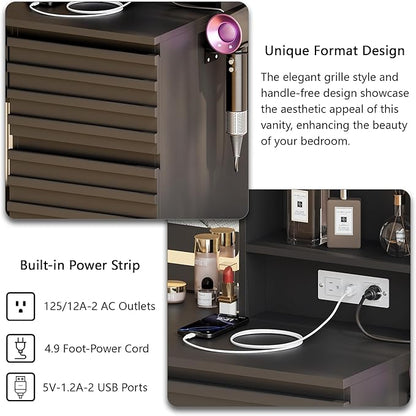 Fluted Vanity Desk with HD Mirror and Lights, Wood Makeup Vanity Table with 4 Drawers & Open Shelves, Mid Century Dressing Table Set with Charging Station, 3 Color Lighting Modes for Bedroom, Black
