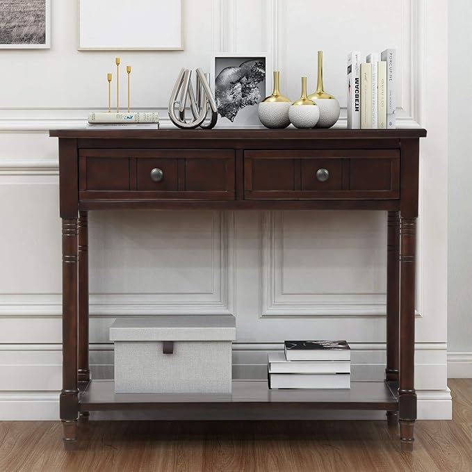Knocbel 35.5 Inch Antique Entry Console Table with Drawers & Bottom Open Shelf, Solid Wood Sofa Couch Table for Entryway Hallway Living Room (Espresso)