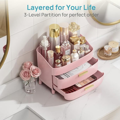 Vtopmart 3-Tier Skincare Makeup Organizer with Drawers for Vanity and Bathroom Countertop, Large Cosmetic Storage Box Case for Dresser, with Non-Slip Base, Pink