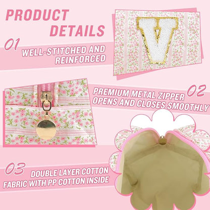 Personalized Quilted Cosmetic Bag, Puffy Monogrammed Christmas Birthday Gifts for Women & Girls, Cute initial Floral Makeup Bag Puffer Coquette Bag, Aesthetic Travel Toiletry Zipper Pouch(Pink,V)