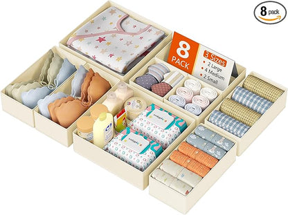 DIMJ Drawer Organizer Clothes, 8 Pack Dresser Organizer, Foldable Closet Organizers and Storage, Fabric Dresser Bins, Drawer Dividers for Nursery, Baby Clothes, Underwears, Sock (Beige)