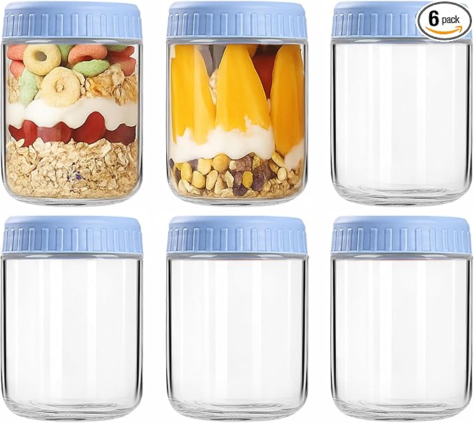 Overnight Oats Containers with Lids, 16oz Wide Mouth Mason Jars with Lids, 6 Pack Glass Jars with Airtight lid for Chia Pudding Yogurt Salad, Meal Prer Oatmeal Jars, Blue