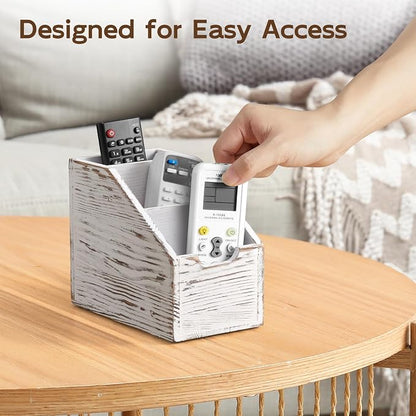 Remote Control Holder, TV Remote Holder, Wood Farmhouse Remote Caddy for Table, Remote Organizer Caddy with 3 Slots, Remote Storage Box for Home Office, Rustic White