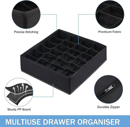 Foldable Storage Cubes Drawer Underwear Organizer Dividers， under Cabinet Organizer 24-Cell Fabric Storage Boxes for Lingerie,Socks,Ties （Black）
