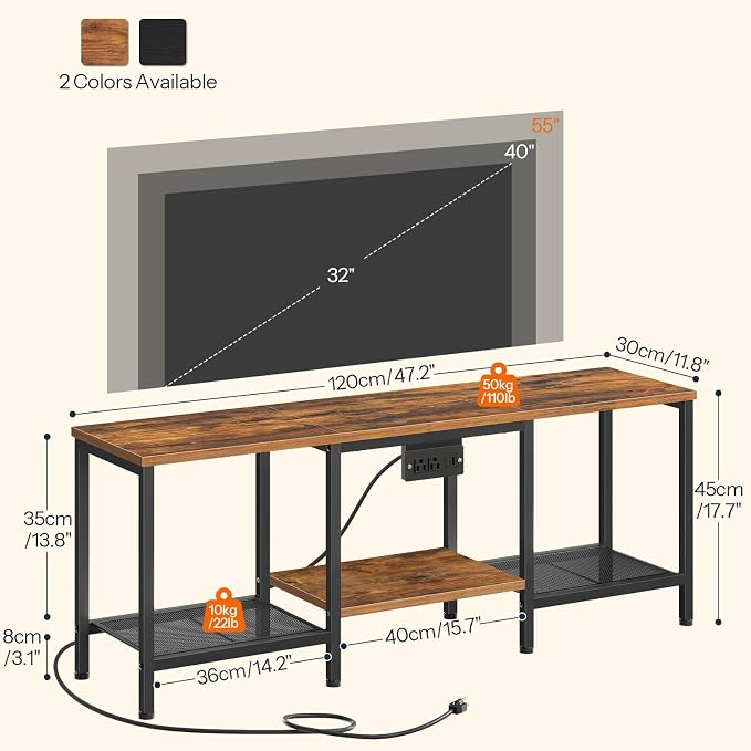 HOOBRO TV Stand with Charging Station to 55 Inches, LED Entertainment Center, Media TV Console Table with Open Storage Shelving for Living Room, Bedroom, Rustic Brown and Black BF122UDDS01