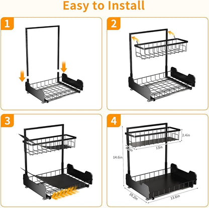 Under Sink Organizer, 2-Tier L-Shaped Pull Out Cabinet Shelf with 2 Installation Methods, Adjustable Sliding Storage Drawer for Kitchen, Bathroom, Laundry, Metal, Black