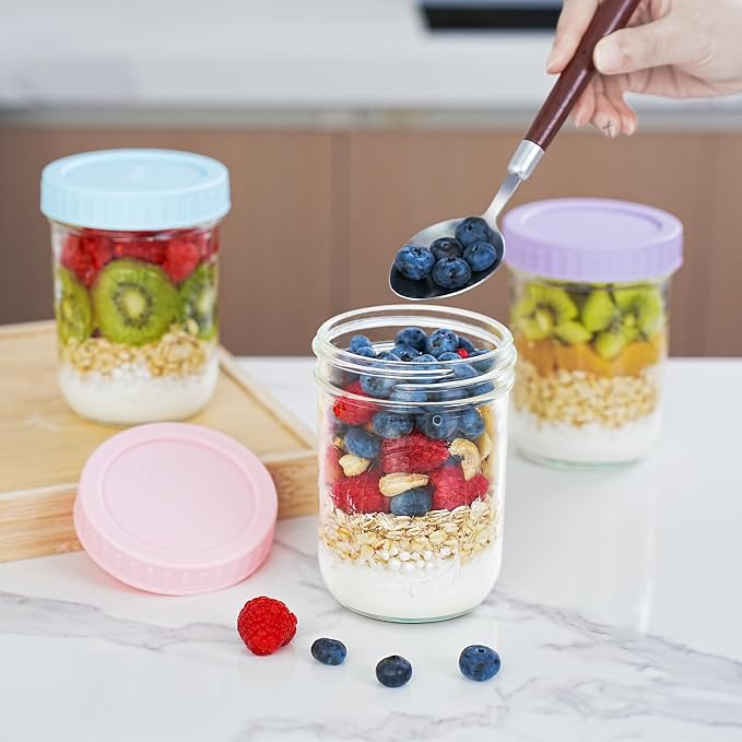Miuyhji Overnight Oats Containers with Lids, 6-Pack Glass Mason Jars 16 oz with Lids Wide Mouth, Reusable Food Storage Containers for Snack, Chia Pudding, Yogurt, Meal Prep, Salad