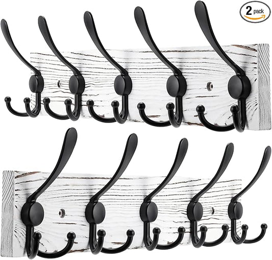 Kuhome 2pcs Coat Rack Wall Mount Wooden Hat Rack for Wall Hooks Pine Real Wood Plank 16.9" Old White Coat Hanger with 5 Black Triple Hooks for Hanging Coat Hat Jacket