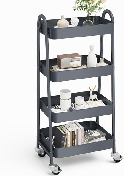 OLIXIS Metal 4 Tiers Utility Rolling Cart, Mobile Storage Shelf with Lockable Caster Wheels, Organization for Livingroom, Bathroom & Narrow Places, 4-Tier Gray