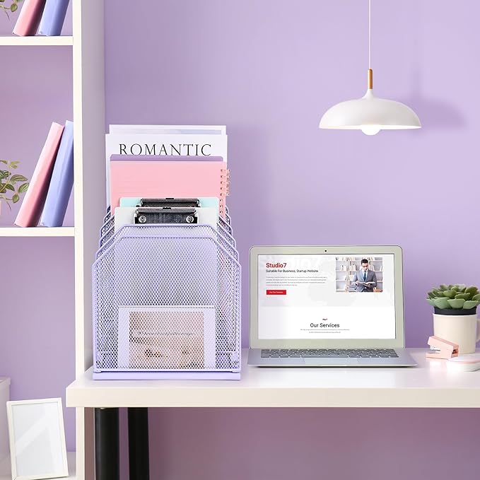 SUMMORO Inclined File Organizer for Desk, 7-Tier Vertical File Folder Holder Office Desk Organizer Metal Rack File Wire Mesh Desktop Document Sorter for Office School Classroom Home (Purple)