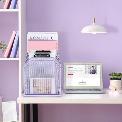 SUMMORO Inclined File Organizer for Desk, 7-Tier Vertical File Folder Holder Office Desk Organizer Metal Rack File Wire Mesh Desktop Document Sorter for Office School Classroom Home (Purple)