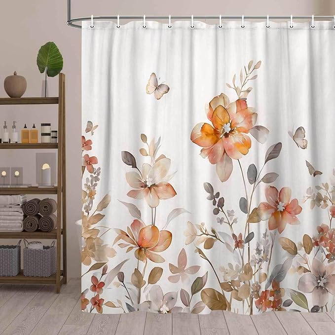 Orange Floral Shower Curtain, Orange Lavender Floral Butterfly Boho Shower Curtains for Bathroom, Farmhous Flower Cute Fabric Shower Curtain Set with 12PCS Hooks, 70X75IN