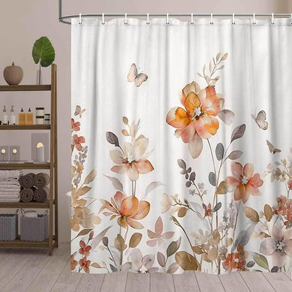 Orange Floral Shower Curtain, Orange Lavender Floral Butterfly Boho Shower Curtains for Bathroom, Farmhous Flower Cute Fabric Shower Curtain Set with 12PCS Hooks, 70X75IN