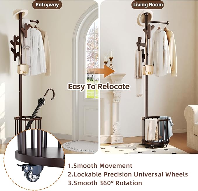 Uniclinens Freestanding Wooden Coat Rack with Umbrella Holder，Dark Walnut Coat Rack with Hooks, Space-Saving Entryway Organizer for Hanging Clothes and Storing Towels, Bedroom, Living Room