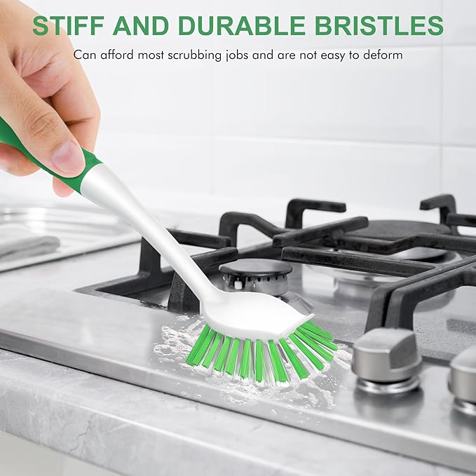 SetSail Dish Brush with Handle, 2 Pack Stiff Bristles Dish Scrubber with Built-in Scraper Dish Scrub Brushes for Cleaning Dishes, Pots and Pans, Kitchen Sink, Green