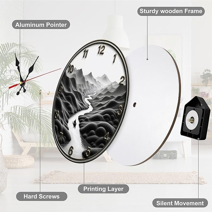 Wall Clock， Serene Landscape Non Ticking Wall Clocks Battery Operated， Grey Wooden Wall Clocks for Kitchen， Living Room， Bedroom， Office， Bathroom Decorative 25 * 25cm
