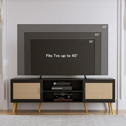 ZttRiee TV Stand for TVs up to 65'', Entertainment Center with Rattan Door, Shelves & 2 Cabinets, Boho Media TV Console for Living Room, Bedroom, Black