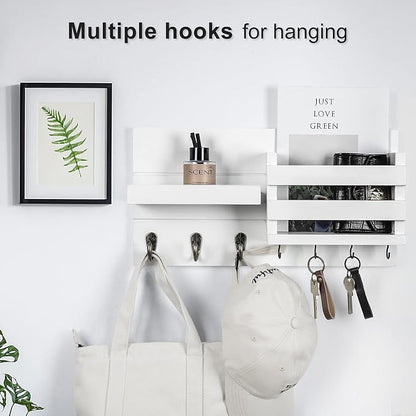 Lwenki Mail Organizer for Wall Mount – Key Holder with Shelf Includes Letter Holder and Hooks for Coats, Dog Leashes – Rustic Wood with Flush Mounting Hardware (16.5” x 8.7” x 3.5”)