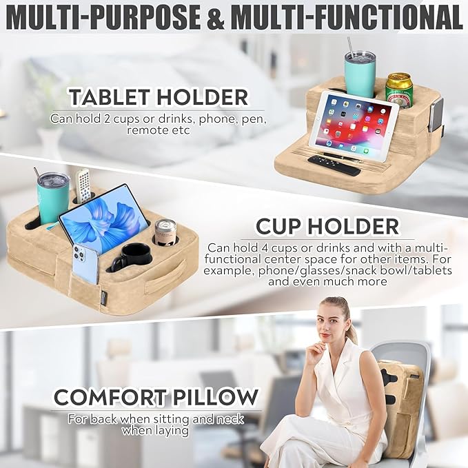 TabCouchCaddy - Couch Cup Holder Tray Pillow - Bed, Couch Caddy, Sofa, RV & Car - Holds Drinks, Snacks, Remotes, Phones, Kindle, Tablet | Bed Cup Holder (Beige)